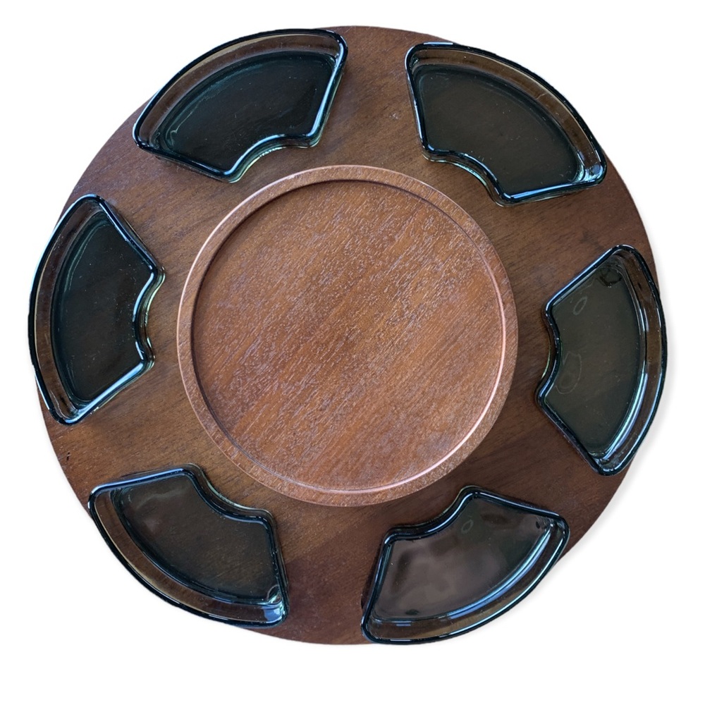 MCM turntable lazy susan with 6 smoky glass removable dishes
